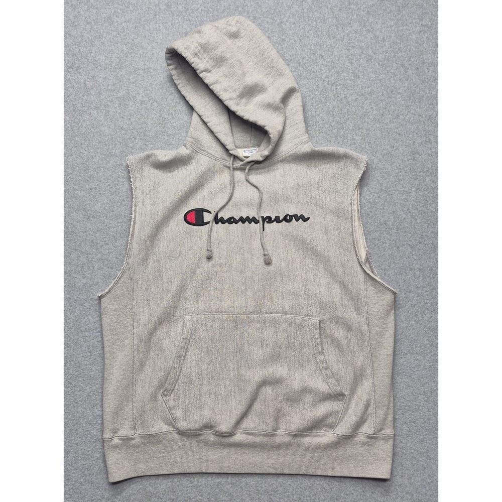 Champion Hoodie Mens L Gray Reverse Weave Sleeveless Spell Out Cutoff Muscle